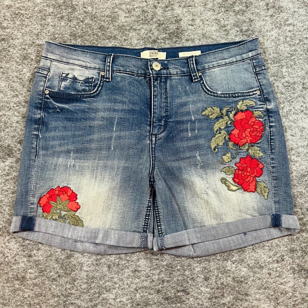 Vintage America Blues Denim Shorts Women 8 Floral Embroidered Boho Cottagecore
